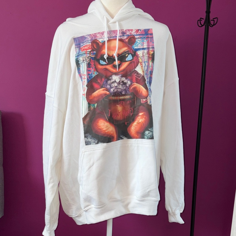 MENS Gildan White Hoodie with Graphic Bear Print